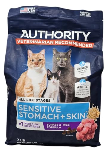 Authority Sensitive Stomach and Skin Dry Cat Food Turkey and Rice Formula 7 Pound Bag