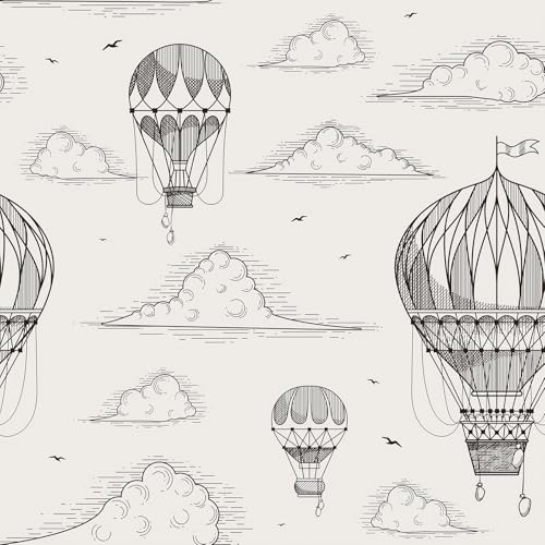Image of VEELIKE Retro Hand Draw Air Balloons Wallpaper Peel and Stick Vintage Charcoal Clouds Wallpaper for Bedroom Nursery Classroom 17.7''x118'' Self Adhesive Removable Kids Wall Paper Contact Paper