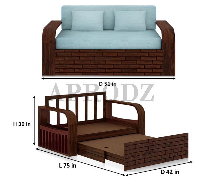 Image of APRODZ Solid Sheesham Wood Sofa Cum Bed 2 Seater Velevt Fabric with Turquoise Upholstery Sofa Furniture for Home Living Office Room and Guests (Walnut Finish 75x51x30-Inch)