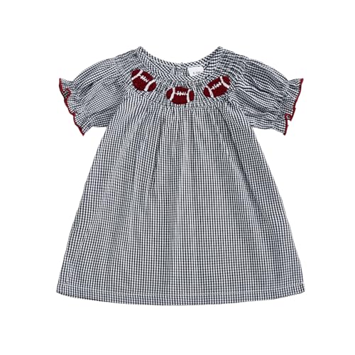 Toddler Girl Football Dress Rugby Bow Embroidery Color Block Short Puff Sleeve Smocked Dress Infant Fall Dresses