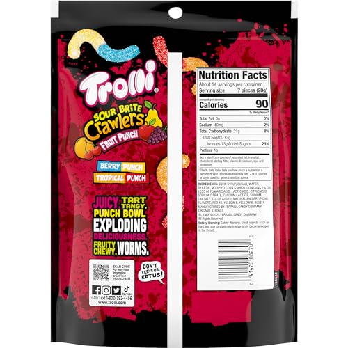 Image of Trolli Sour Brite Crawlers Candy, Fruit Punch Flavored Sour Gummy Worms, 14 Ounce