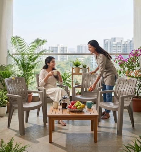 Image of Patiofy Plastic Chair Set of 4 for Home & Outdoor Use | Heavy Duty Comfortable Chair with Strong Legs | Stackable, Easy to Clean | Suitable for Living Room, Balcony (Pack of 4-Spino | Choco Cream)