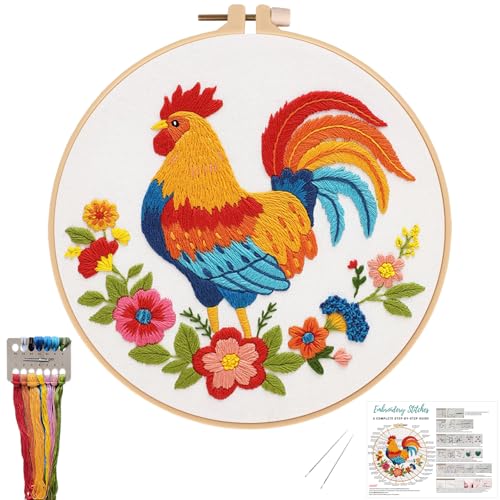 Image of Nuberlic Rooster Embroidery Kit for Adults Beginners, Stamped Farmhouse Embroidery Starter Kit with 7.9 Inch Hoop, Threads, Needles & Instructions, DIY Needlework Craft Gift