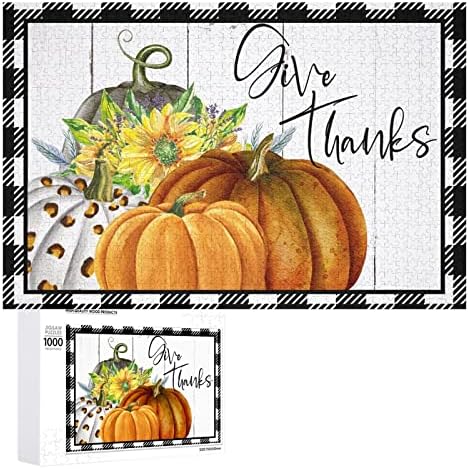 Colorful Pumpkins Sunflowers 1000 Pieces Jigsaw Puzzles for Teens & Adults, Buffalo Check Plaid Border,give Thanks Thanksgiving Jigsaw Puzzles for Home Decor Family Activities Games