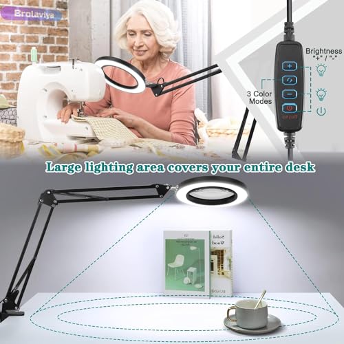 Image of BROLAVIYA Overhead 5X Magnifying Glass with Led Light and Stand, 3 Color Modes Dimmable, Large 2 Way Base clamp, Magnifier Desk Lamp for Close Work, Repair, Crafts, Makeup, Reading, Photography