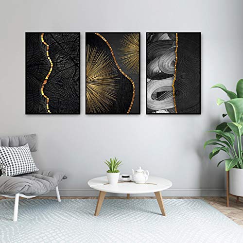 Impression sur toile moderne art mural nordique salon set de 3 affiches abstrait doré noir 50x70