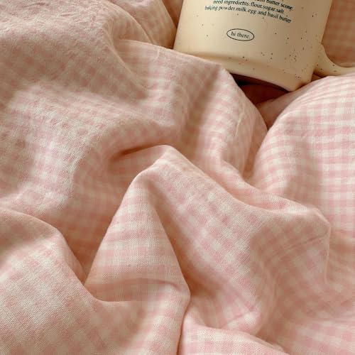 Image of VM VOUGEMARKET Pink Full Duvet Cover Set 3 Pieces Lace Bedding Set Simple Cozy Plaid Checkered Comforter Cover with Zipper Ties for Teen Girls
