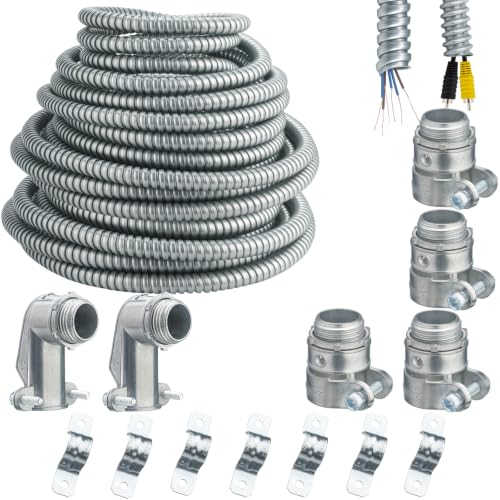 (1/2 inch-50 feet) eflyefly 1/2 Flexible Metal Electrical Conduit Kit50 Feet of 1/2-inch Flexible Steel Conduit with 4 Pieces Couplings 2 Pieces Elbows and 7 Pieces Strap