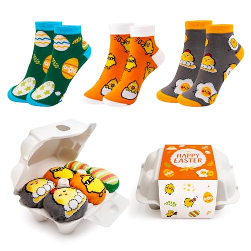 VTMJ 3 Paar Ostersocken als Ostergeschenke Erwachsene Ostern Geschenke Erwachsen aus Baumwolle Lustige Socken Ostersocken mit Küken Ostereimuster Süße Ostergeschenke für Frauen und Männer