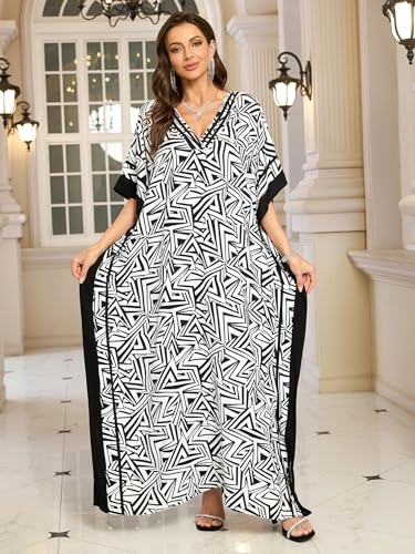 Image of KECVOT Kaftan Dresses for Women V-Neck Print Swimsuit Cover Up Plus Size Beach Caftan Lounge Dress