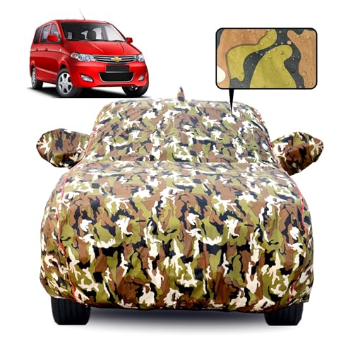 Image of Waterproof Car Body Cover for Chevrolet Enjoy with Mirror Pocket, Soft Cotton Lining, Triple Stitched, Full Bottom Elastic (Heat Resistant Jungle Print with Red Piping)
