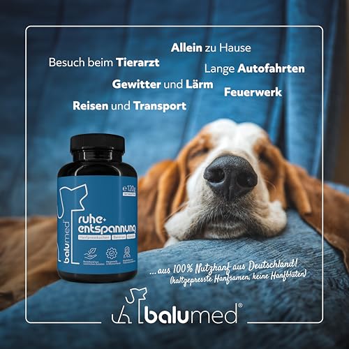 balumed® 120 Ruhe+Entspannung Tabletten für Hunde bei Angst und Stress mit Hanfpresskuchen, Hanföl kaltgepr., Magnesium, Baldrian, Kamille, Hopfen