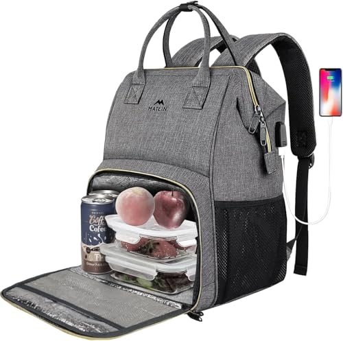 MATEIN Damen Laptop Rucksack 15,6 Zoll mit Isoliertes Kühlfach, Kühlrucksack mit USB Ladeanschluss, Wasserdicht Kühltasche Lunch Tasche für Frauen Herren Arbeit Business, Grau