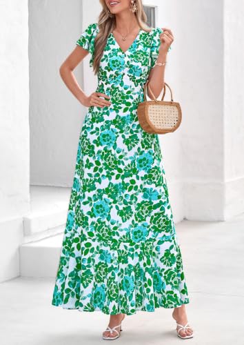 Image of PRETTYGARDEN Womens Summer Boho Floral Maxi Dress | V Neck Ruffle Sleeve Tiered A-Line Sundress, Lightweight Flowy Long Dresses for Spring Wedding Guest, Cocktail Party, Cruise