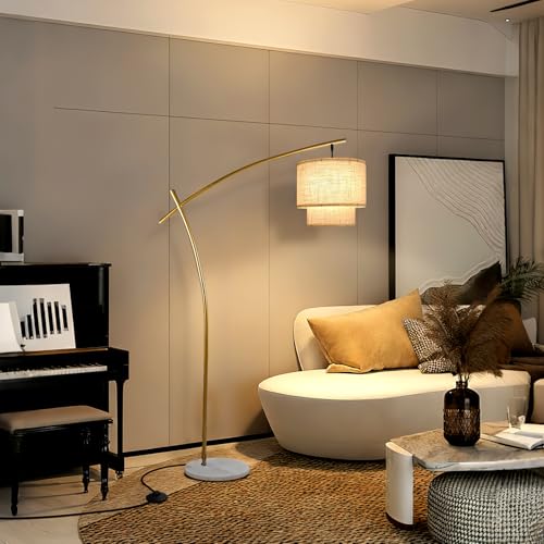 Image of Lightdot Arc Floor Lamp for Living Room, Modern Standing Tall Lamps with Double Linen Shade, Tall Hanging Pole Lamp with Stable Base & Bulb Included for Bedroom /Sofa Beside /Corner Decor-Gold