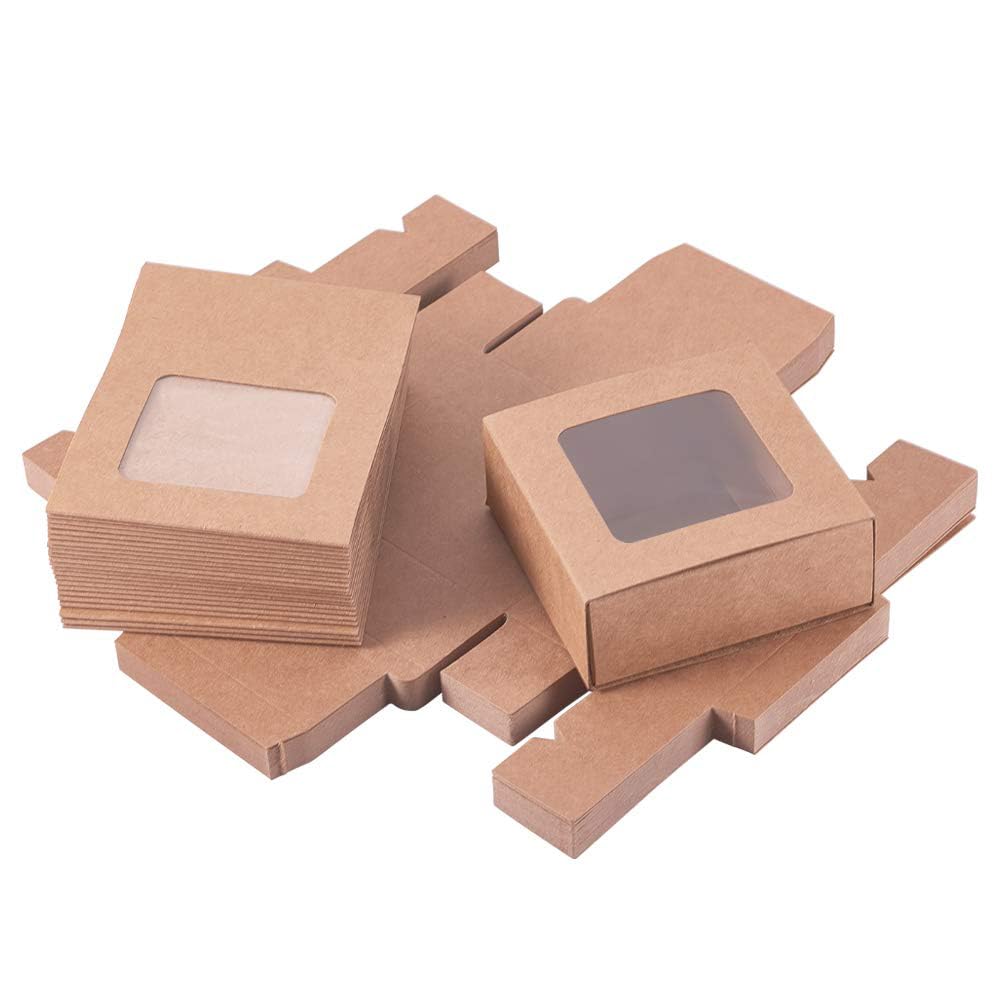 BENECREAT 24 Pezzi Scatola in Cartone Kraft Marrone con Finestra Trasparente Scatole Regalo 8x8x3cm per Confezioni di Gioielli per Feste, Dolci, Torte