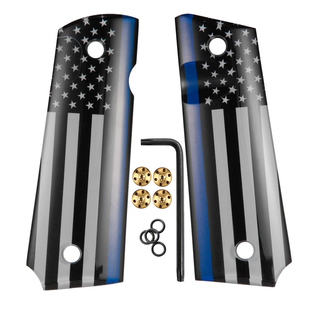 Cool Hand 1911 Slim Grips, High Polished Acrylic, with Patriotic American US Flag, Blue Line Police Flag, Full Size (Government/Commander), Gold Screws Included, Mag Release, Ambi Safety Cut