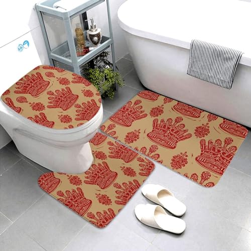 Dwrepo Red Crown Print Bathroom Rug Set 3 Piece with Non-Slip U-Shaped Contour Mat and Toilet Lid Cover for Bathroom Decoration