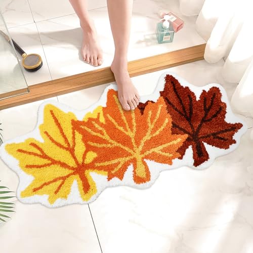 JarThenaAMCS Fall Bathroom Rug Orange Maple Leaves Tufted Bath Mat Absorbent Non Slip Shower Rug Front Door Mat for Autumn Thanksgiving Farmhouse Home Room 17.7 x 37.4 Inch