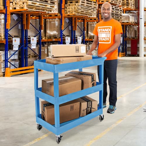 Stand Steady Tubstr 3 Shelf Utility Cart | Made in USA | Heavy Duty Tub Cart Holds Up to 300 lbs. | Storage Cart & Rolling Tool Cart for School, Office, Garage & Warehouse (32 x 24in / Blue) - Thumbnail 4