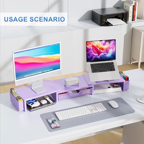 gianotter Dual Monitor Stand Riser, Desk Organizer With Drawer and 2 Pen Holders, Desk Organizers and Accessories, Purple Office Decor (Purple) - Image 6