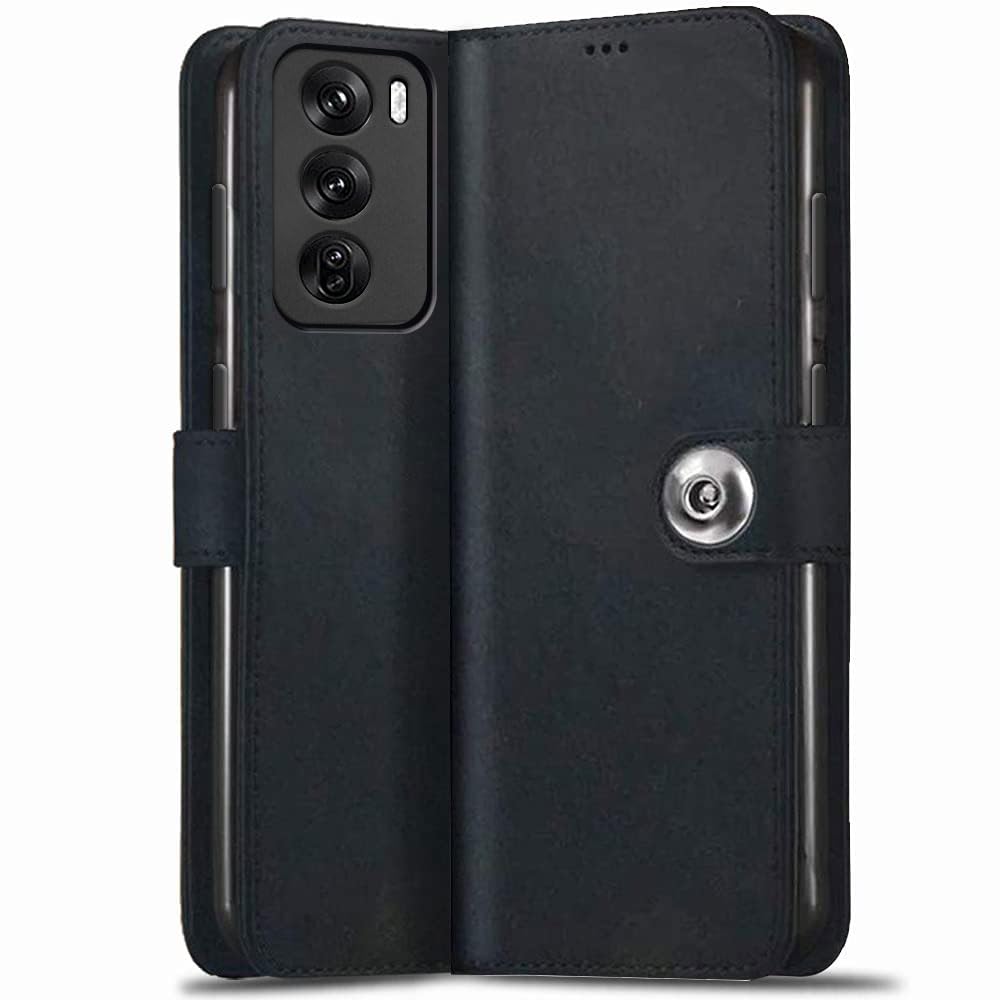TheGiftKart Genuine Leather Finish Flip Back Cover Case for Oppo Reno 12 5G | Inbuilt Pockets & Stand | Wallet Style | Designer Button Magnet Flip Cover Back for Oppo Reno 12 5G (Faux Leather, Black) (B0D95W8NLJ) Amazon Price History, Amazon Price Tracker