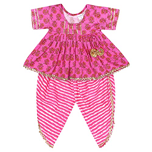 Superminis Baby Girls Printed Frock Style Kurti with Dhoti Style Salwar Ethnic Dress (Pink, 6-7 Years)