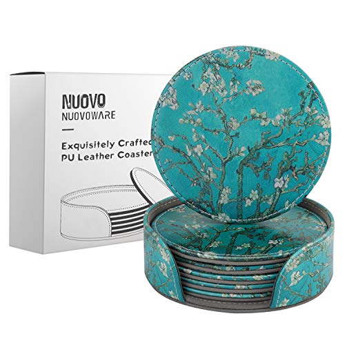 Cheapest 🛒 Nuovoware Coasters, [6-PACK] Premium PU Leather Coasters, Drink Round Coasters with Holder Sets, Protect Your Furniture from Stains, Water Marks, Scratch, Almond Blossom