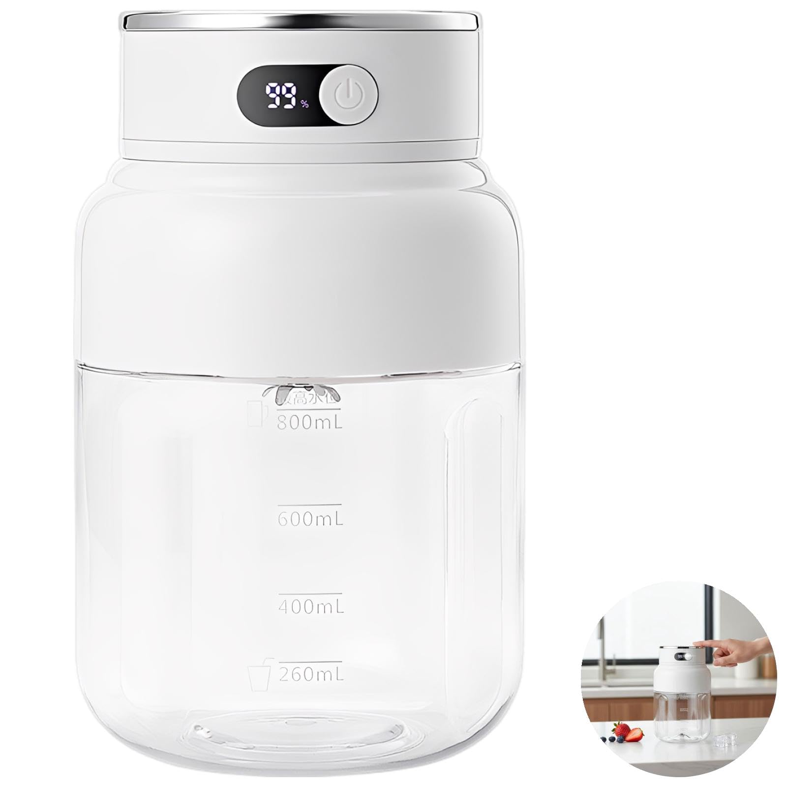 Batidora portátil de 27 onzas, licuadora personal de 80 W con pantalla LED, procesador de alimentos de viaje de acero de 50 paletas, doble tapa, batería de 2600 mAh, para deportes, camping y hogar