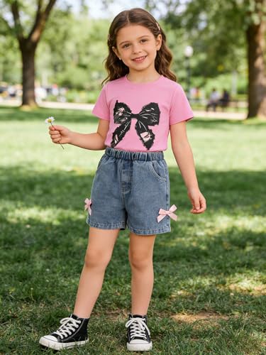 Image of Kids Toddler Girls Summer Clothes Leopard Butterfly Print T-Shirt + Belted Denim Jeans Shorts 3PCS Outfits