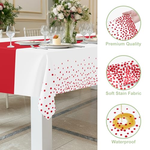 Image of Smiry Plastic Table Cloth Disposable 3 Pack, 54 x 108 Inch Rectangle Waterproof Tablecloth, Printed Gold Table Runner Style for Birthday Weeding, Party Decorations, Leakproof & Sturdy, White and Red