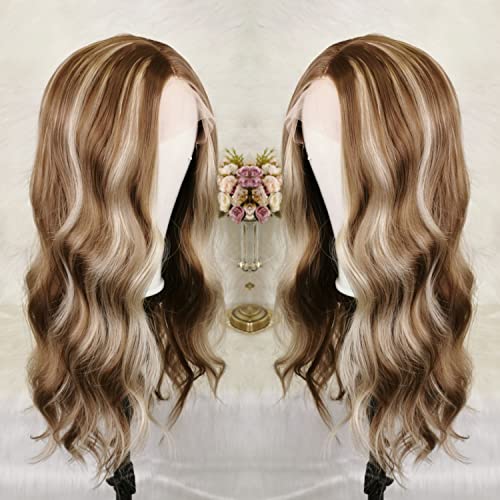 CIMITIKI Body Wave Long Synthetic Lace Wigs Flaxen Hair Highlight Honey Platinum Blonde Front Lace Wig 22Inch for Women Girls