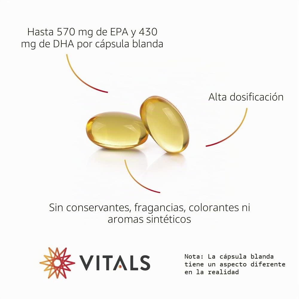 Vitals - Ultra Pure EPA/DHA 1000 mg 60 cápsulas de gel blando. Alta dosis de 570 mg EPA y 430 mg de DHA por cápsulas. Omega 3 puro muy bien absorbible sin aditivos innecesarios.