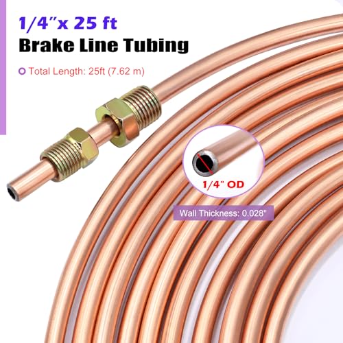 Image of 1 /4 inch 25 ft Brake Line Tubing Kit Copper Coated Flexible Line Tube for hydraulic brakes Fuel Transmission System(with 16 Inverted Flare Fittings)