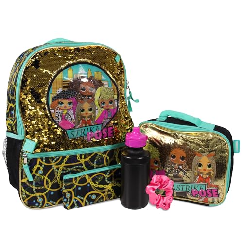 L.O.L. Surprise 5 Piece Backpack Set for Girls, O.M.G. Brush Glitter Sequin 16' School Bag, Black and Gold