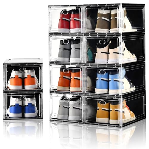 Image of Amllas 10 Pack Shoe Boxes Stackable,Upgraded Sturdy Storage Boxes with Clear Magnetic Door,Multifunctional Sneaker Organizer Fit up to US Size 12 (13.8 inchx 9.84 inchx 7.1 inch)