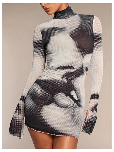 SOLY HUX Women's Graphic Print Bodycon Mini Dress Turtleneck Long Sleeve Pencil Dresses4