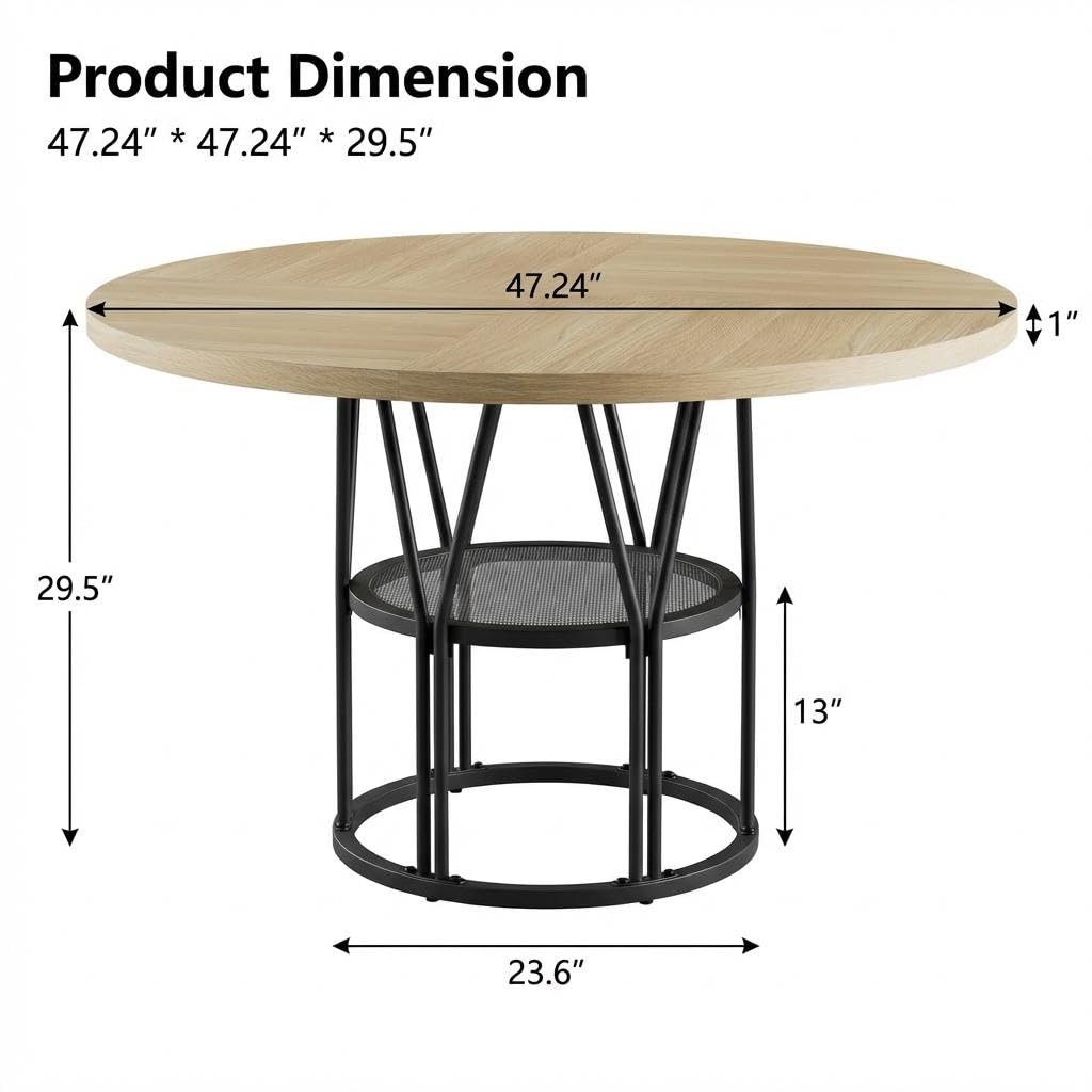 Table de salle à manger ronde de 119,4 cm avec étagère de rangement - Style industriel moderne - Cadre en métal robuste - Pour 4 à 6 personnes - Idéale pour appartement, salon, bureau - Bois