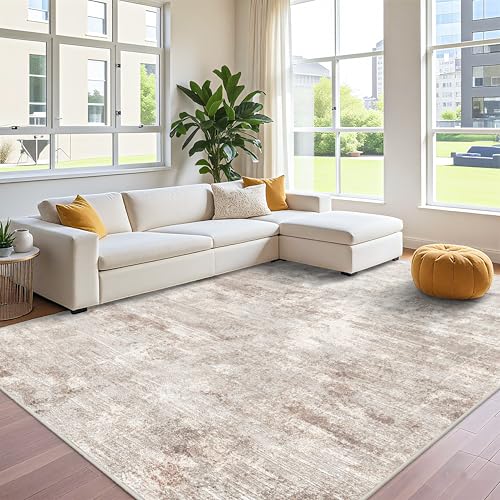 Washable Abstract 10x12 Area Rug - Large Soft Rugs for Living Room Non Slip Rubber Backing Indoor Carpet for Bedroom Living Room Farmhouse Distressed Stain Resistant Floor Decor Mat 10x12 Brown