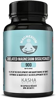 KASHA Nutrition Chelated Magnesium Bisglycinate 900mg per pill - Proudly Canadian | Non-GMO, Vegan, Soy Free | Magnesium Glycinate | Non-Habit Forming - Maintains Effectiveness over Long-Term. 60 Capsules. Appropriate for Daily Use. Vegetarian.