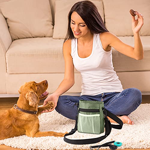 Dog Clicker Training Kit, 1 Dog Treat Training Pouch And 2 Pieces Pet Training Clicker With Wrist Strap, Built In Poop Bag Dispenser Easily Carrying Pet Toys Treats (Army Green,Solid Pattern) #TOP3
