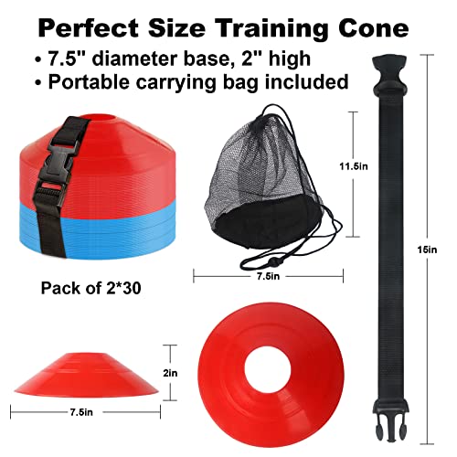 60Pcs Soccer Cones With Strap Carry Bag Agility Disc Cones Soccer Training Cones, Field Marker Sport Training Cones For Challenge Football Basketball Skating Kids Games Outdoor Indoor (Red+Blue) #TOP7