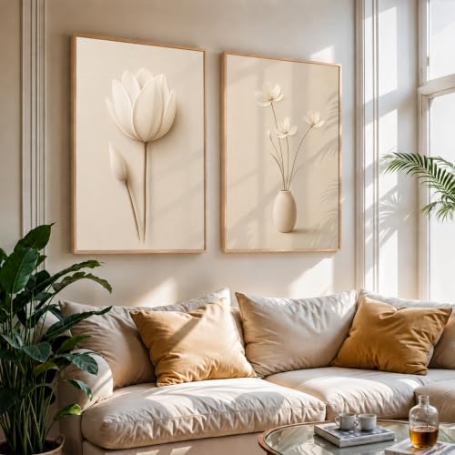 Image of NoWorries Minimal Lotus Flower Wall Painting Set of 2 with Frame | Soft White Floral & Vase Botanical Artwork, Neutral Beige Nature Wall Decor for Living Room, Bedroom, Office and Home Decoration (Art-5, 10x13inch)