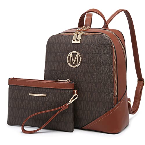 MKP Bolsa feminina moderna com zíper duplo médio, bolsa de ombro de couro sintético para viagem, conjunto de 2 peças, Café, 10.5'L x 5'W x 12'H, Mochilas de mochila