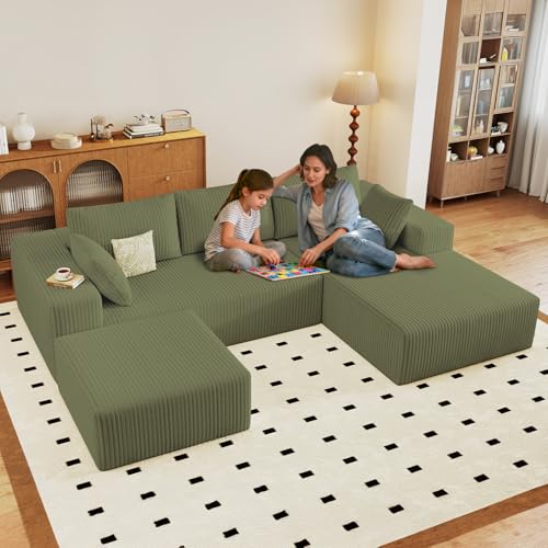 Image of 96 inch Boneless Cloud Sectional Couch Modular Sofa with Ottoman | Modern U-Shaped Couches, Comfy Corduroy Memory Foam Sofas with Oversized Chaise for Living Room (Green,Right-Facing Chaise)