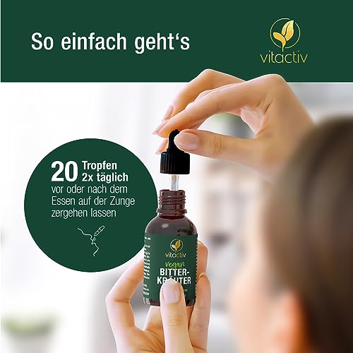 VITACTIV Bitterkräuter - Bittertropfen ohne Alkohol - Erlesene Kräuter plus Cholin & Zink - Bitterstoffe Tropfen nach Hildegard von Bingen - Ohne Künstliche Zusätze, Zuckerfrei, Vegan - 50ml