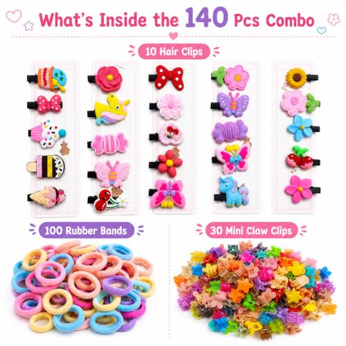 Image of 140 Pcs Hair Accessories for Kids Girls | Cute Baby Hair Clips, Rubber Bands & Mini Claw Clips Combo | Hair Accessories for Baby Girl | Kids Hair Clips Set | Mixed Designs