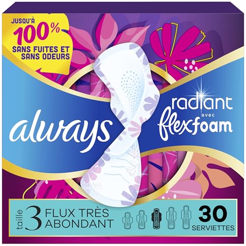 Always Radiant Feminine Pads for Women, Flexfoam Pads with Wings, Size 3, Extra Heavy Absorbency, Lightly Scented, 30 Count