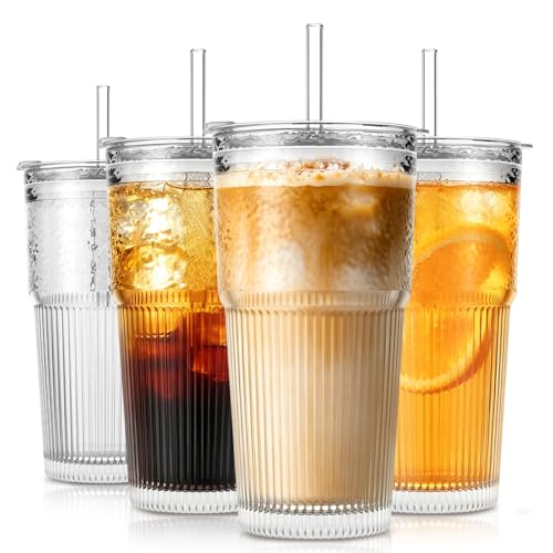 20oz Glass Tumblers with Lids and Straws, Set of 4 - Stylish Ribbed Design Drinking Glasses for Iced Coffee Cups, Juice, Smoothies, Cold Beverages, Includes Cleaning Brush, Durable Glassware
