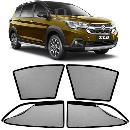 Image of AutoStory Magnetic Car Sunshade for Maruti XL6 | Front Half Cut for Mirror Visibility + Rear Full Coverage with Zipper | Heavy Heat & UV Protection | Privacy Side Window Curtains Shades
